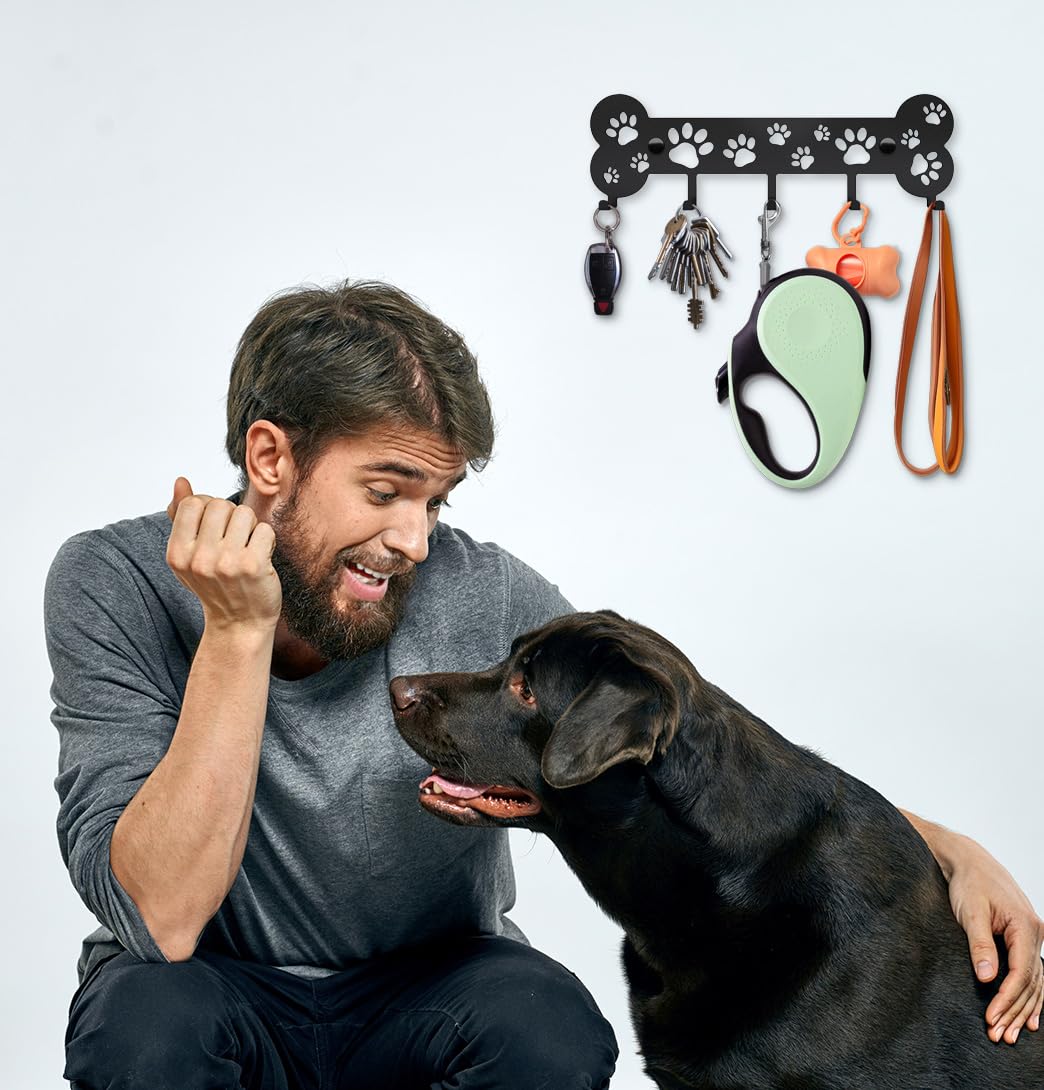 Dog Leash Holder Wall, Dog Leash Hanger Pet Leash Hook Bone and Paw Design - Unique Metal Key Holder for Wall - Decorative Dog L